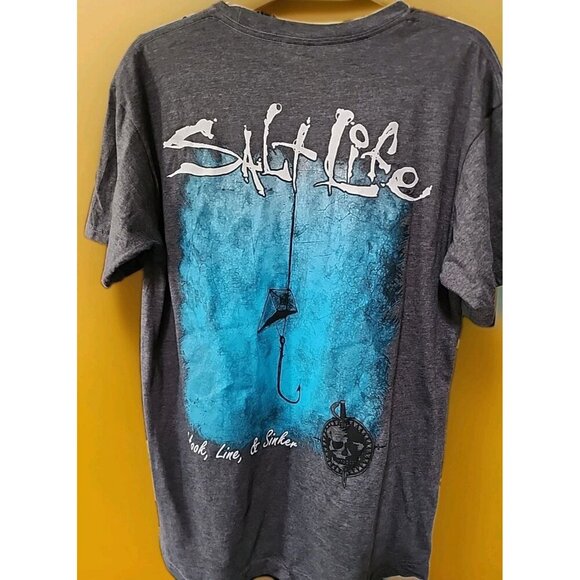 SALT LIFE Hook, Line & Sinker Pocket T Shirt Fishing Charcoal Gray Medium A105 - Picture 2 of 6